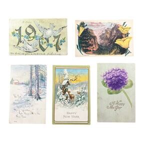 Antique Happy New Year Holiday Postcards Lot of 5 Early 1900s 1907 Gilt Embossed